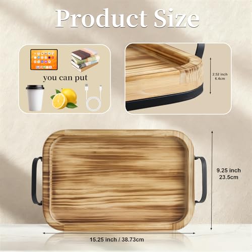 15 Inch Wood Serving Tray with Metal Handles, Sturdy Ottoman Tray - size: 15.3" x 9.3" x 2.5"
