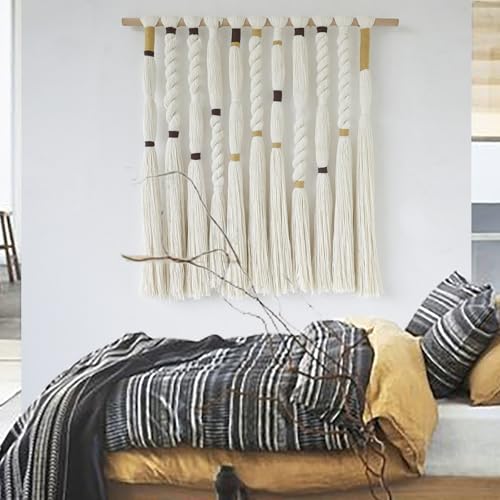 Macrame Wall Hanging Woven Knot Tassel Fringe Boho Wall Art 27"W*29"L - color: Ivory3