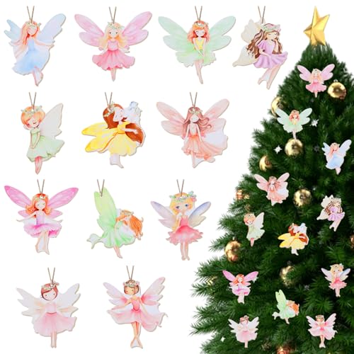 Cheereveal 24pcs Wooden Hanging Ornaments for Christmas Tree, Colorful Fairy Pendant Embellishments DIY Crafts for Door Wall Room Decor, Wood Decorations Supplies