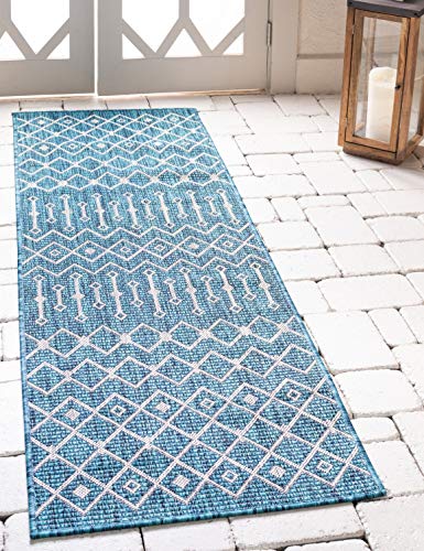 Unique Loom Outdoor Trellis Collection Area Rug - Tribal Trellis (2' x 6' 1" Runner, Teal/ Ivory) - color: Teal/Ivory, size: 2' x 6'1" (Runner)