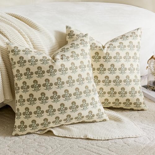 Vintage Floral Pillow Covers 18x18 Set of 2 Farmhouse Block Print Decorative Throw Pillow Covers Rustic Cushion Covers Neutral Accent Couch Pillows for Living Room Sofa Bed Decor Muted Taupe - color: Vintage Muted Taupe, size: 18" x 18" (Pack of 2)
