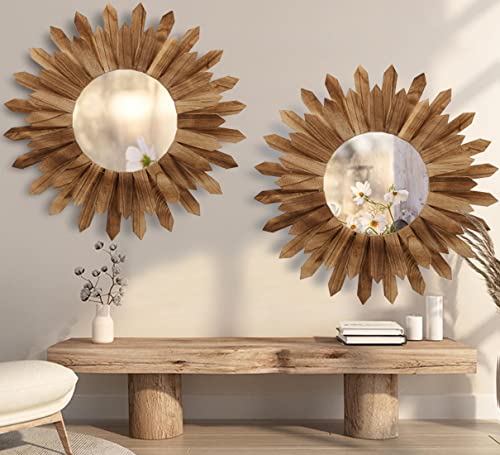LOSOUR 2 Pack 22 Inch Boho Wall Sunburst Mirror Rustic Round Wood Decorative Mirror Boho Wall Art Decor for Entryway Bedroom Living Room