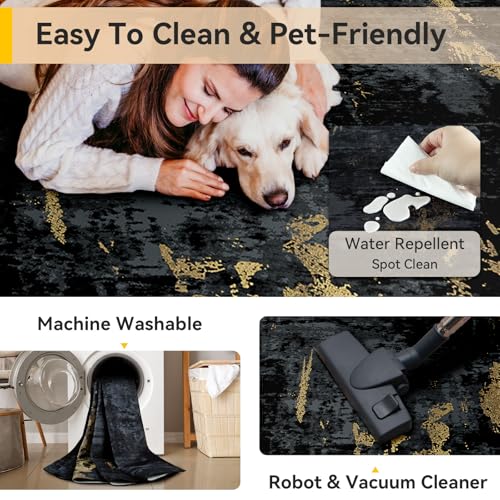 RELEANY Washable 4'x6' Abstract Area Rug for Living Room Black Gold - color: Black/Gold, size: 4' x 6' (Rectangular)