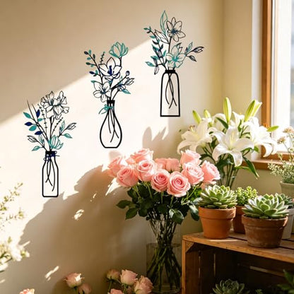 3PCS Metal Flowers Wall Decor, Modern Blue Floral Metal Art for Bathroom, Dining Room, Bedroom, Farmhouse Home Decoration