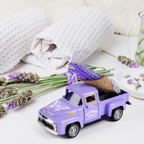 Lavender Truck Decor with Flowers, Purple Floral Pickup Truck with Butterfly, Rustic Farmhouse Tabletop Centerpiece, Spring Country Home Office Kitchen Tiered Tray Decor - color: Purple