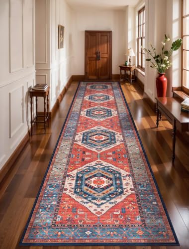 SERISSA 3x14 Washable Non Slip Boho Runner Rug for Hallway，Rust - color: Rust/Multi, size: 3' x 14' (Runner)