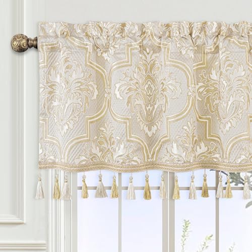 Loom and Mill Luxury Damask Floral Valances for Windows, Beige Gold,54"x18" - color: Beige Gold