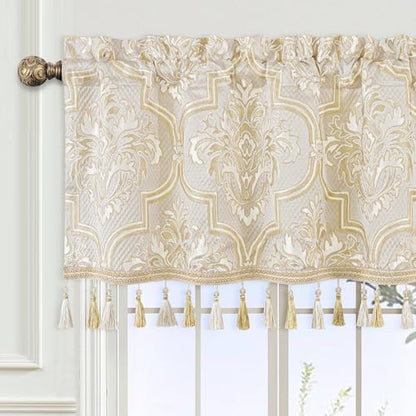 Loom and Mill Luxury Damask Floral Valances for Windows, Beige Gold,54"x18" - color: Beige Gold