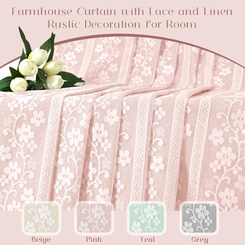 ASPMIZ Linen Pink Kitchen Tier Curtains 36 Inch Length, Double Layered Kitchen Curtain with Linen and Lace, Rod Pocket Window Curtains with Tiebacks, Boho Window Treatments for Bathroom Cafe, 2 Panel - color: Light Pink, size: 26"W x 36"L (Pack of 2), sty