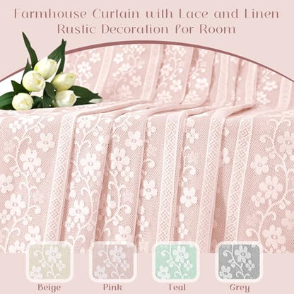 ASPMIZ Linen Pink Kitchen Tier Curtains 36 Inch Length, Double Layered Kitchen Curtain with Linen and Lace, Rod Pocket Window Curtains with Tiebacks, Boho Window Treatments for Bathroom Cafe, 2 Panel - color: Light Pink, size: 26"W x 36"L (Pack of 2), sty