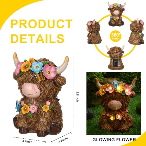 Colingmill 2 Pack Highland Cow Solar Lights Spring Easter Highland Cow Garden Resin Statue with Flower Decoration Solar Outdoor Decor for Patio Yard, Ideal Gift for Mom and Women