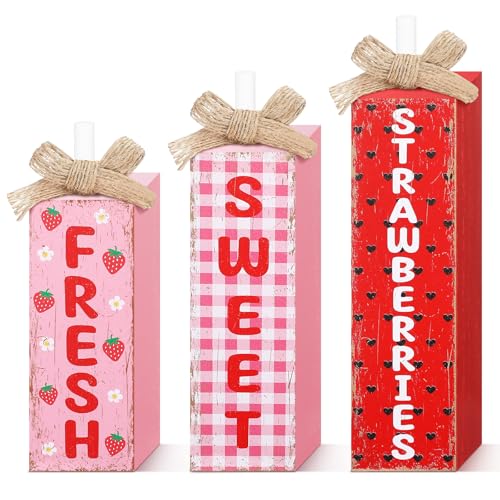 MiniInflat 3 Pcs Summer Strawberries Table Decor, Fruit Wooden Block Sign - style: Strawberries