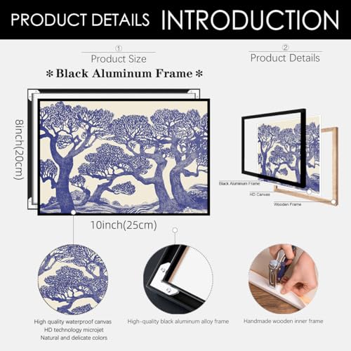 Blue Oak Tree Forest Wall Art Vintage Woodland Landscape Poster 08x10 inch Black Framed Nature Botanical Canvas Prints for Farmhouse Room Wall Decor - color: Vintage-5, size: 10"L x 8"W, style: Framed
