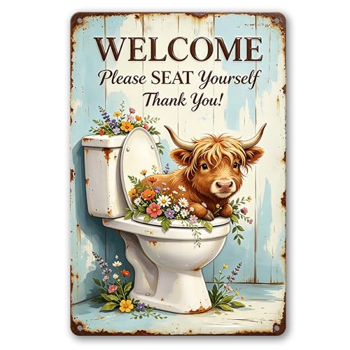 Wildflower Highland Cow Bathroom Welcome Design,Rustproof Aluminum Decor Sign,Cabin Restroom Ornament, Whimsical Present Plaque 8x12 Inch - color: M2030-Cow1-5