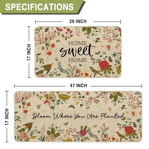 Spring Summer Kitchen Mats Vintage Florals Bird Low Profile Rugs