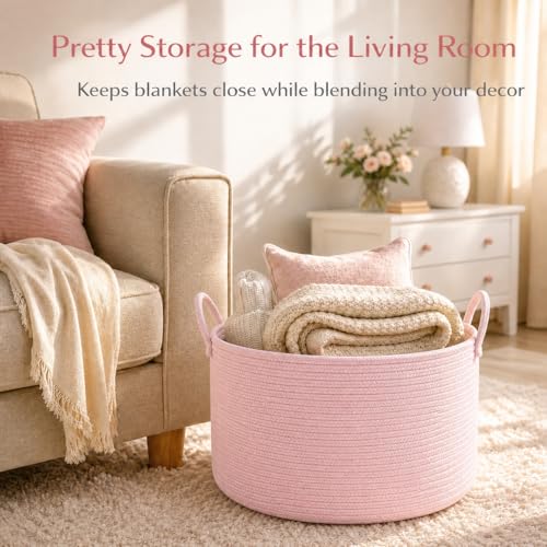 Large Gift Basket Empty to Fill Kit, Woven Rope Basket, Pink - color: Blush Pink, size: Large