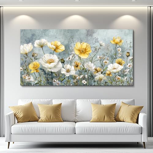 QIYILEXWART Canvas Wall Art For Living Room Large Wall Decor For Office Bedroom Decorations Yellow White Flowers Landscape Pictures Farmhouse Painting Artwork Room Wall Mural Aesthetic Home Decor 30x60 In - color: Yellow White Flowers Canvas, size: 60"L x