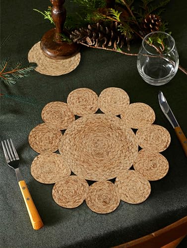 Round Jute Placemats Coasters Set of 8 Natural Braided Cotton Table Mats - size: 13" Round / 4" Round