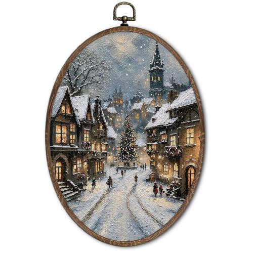 FLAWAFLOMA Rustic Winter Village Oval Canvas Wall Art Decor 8.6x11.4 Inch - color: Christmas-10