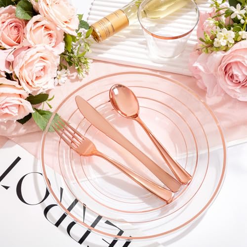 bUCLA 150PCS Clear Rose Gold Disposable Dinnerware set - Rose Gold Plastic Plates Include 25 Dinner / 25 Dessert Plates, 25 Knives, 25 Forks, 25 Spoons, 25 Cups for Party & Wedding - color: Clear Rose Gold