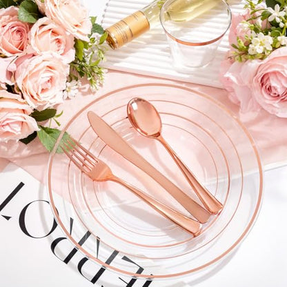 bUCLA 150PCS Clear Rose Gold Disposable Dinnerware set - Rose Gold Plastic Plates Include 25 Dinner / 25 Dessert Plates, 25 Knives, 25 Forks, 25 Spoons, 25 Cups for Party & Wedding - color: Clear Rose Gold