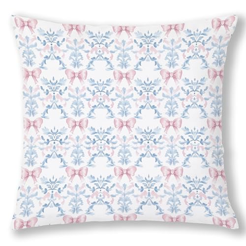 Coquette Pink Bow Blue Grandmillennial Floral Pillow Covers 18x18,Pink and Blue Room Decor,Cottage Core Grand Millenial Floral Grandmillennial Decor for Living Room Girls Bedroom Dorm Home - color: Pink Bow Blue, size: 18" x 18" (Pack of 1)