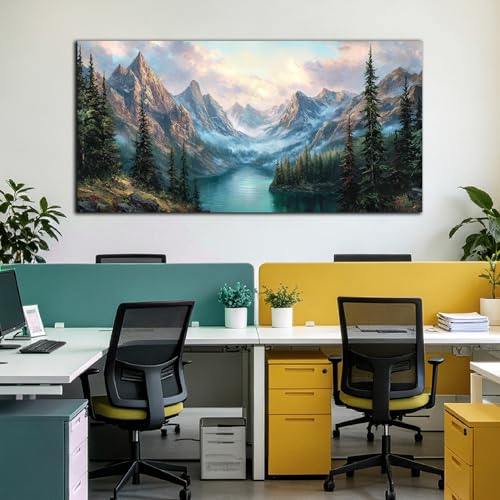MXUNYZ Mountain Green Tree Lake Nature Landscape Prints Wall Art - color: Blue Green, size: 58"L x 29"W