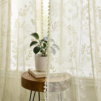 Kotile Natural Beige Sheer Curtains 54 Inch Length, Boho Lace Panels - color: Beige, size: 52"W x 54"L (Pack of 2)