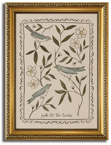 HNNXAR Gold Framed Wall Art Look at the Birds Canvas Art Botanical Bird Wall Decor Pictures Floral Paintings Bible Verse Prints Christian Artwork for Bedroom Living Room - color: Bird, size: 16"L x 12"W