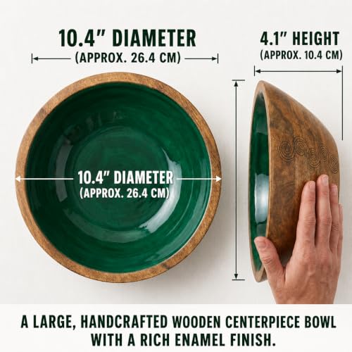 Green Wooden Decorative Bowl, Mango Wood Bowl Decor, High-Gloss Interior