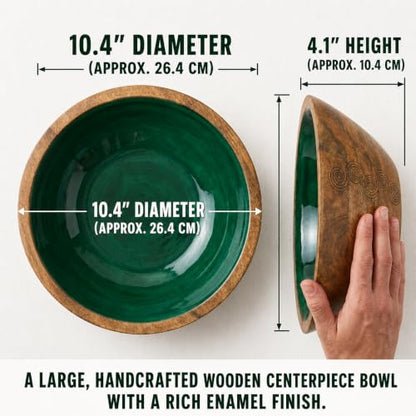Green Wooden Decorative Bowl, Mango Wood Bowl Decor, High-Gloss Interior