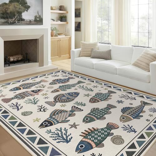 Fish Ocean Area Rug 5x7 for Living Room Coastal Rugs Low Pile Soft Non Slip - color: Fish, size: 5'x7' (Rectangular)