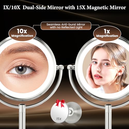 Professional 8.5" Large Lighted Makeup Mirror with Brighter Lights, 1X/10X True HD Magnifying Mirror with 3 Color Dimmable Lights, 90 Shadowless LEDs, 360°Swivel Seamless Vanity Mirror, Pearl Nickel - color: Pearl Nickel
