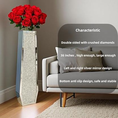 36" Extra Tall Double Sided Crushed Diamond Vases,Six Sided Three-Dimensional Diamond Vase,Extra Large Mirrored Silver Crystal Vase for Home,Office,Hotel(10.6" Lx5.37 W x 36" H) - size: Crushed Diamond:10.6"L X 5.37"W X 36"H