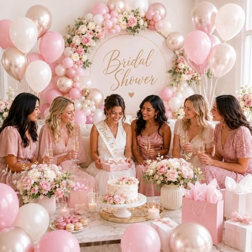 Pink and Gold Balloons, 12 Inch Pastel Light Pink and Pearl Sand White Latex Balloon with Metallic Champagne Gold Beige Balloon for Boho Princess Women Birthday Baby Bridal Shower Wedding Engagement - color: Baby Pink White Gold