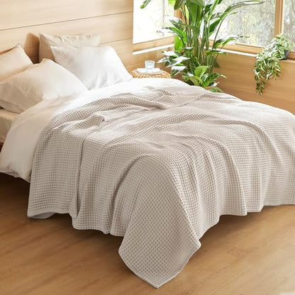 Bedsure Lightweight 100% Cotton Waffle Blanket, King, Linen - color: Linen, size: King (108" X 90")