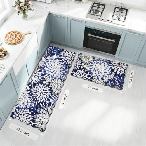 ZonLi Kitchen Mats for Floor 2PC Anti Fatigue Kitchen Rug Non Slip Washable - color: Blue White, size: 17.3"x30"+17.3"x47"inch