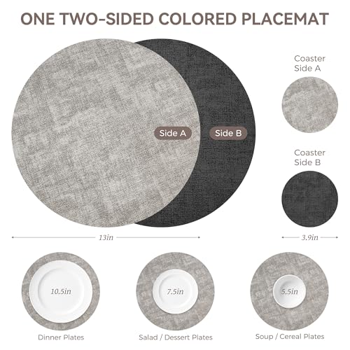NCUE 13" Faux Leather Round Placemats Set of 4, Reversible Dual-Color - color: Deep Gray Light Gray