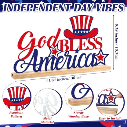 Roowest Metal God Bless America Table Decor Sign with Wood Base - style: Independence Day