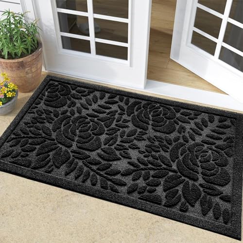 Bulijojo Front Door Mat Entrance,Durable Heavy Duty Welcome Mat,Thick Absorbent Natural Rubber Non Slip Mat,Sturdy Entryway Black Flower, 17x30 - color: Black Flower, size: 1'5" x 2'6" (Rectangular)