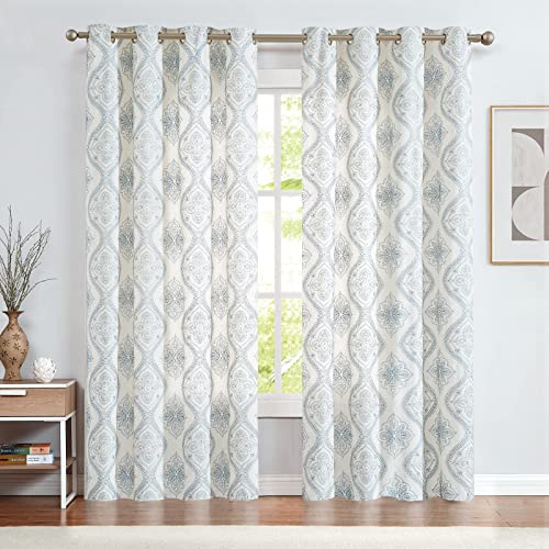 jinchan Boho Floral Linen Curtains 84 Inch Blue on Ecru Grommet 2 Panels - color: Damask Blue, size: 50"W x 84"L (Pack of 2)