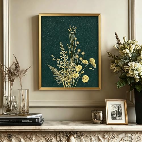 YBYBEST 12x16 Green and Gold Botanical Wall Art with Gold Frame, Shimmery Green Wall Art for Bathroom, Bedroom, Living Room and Entryway - color: Emerald Green & Gold1-12*16, size: 16"L x 12"W