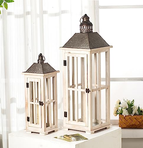 TIMRIS Large Rustic Wooden Decorative Lantern Set of 2, Modern Farmhouse Distressed Whitewash Floor Candle Lanterns, Indoor/Outdoor Hanging Lanterns for Home Decor (No Glass) - color: Whitewash