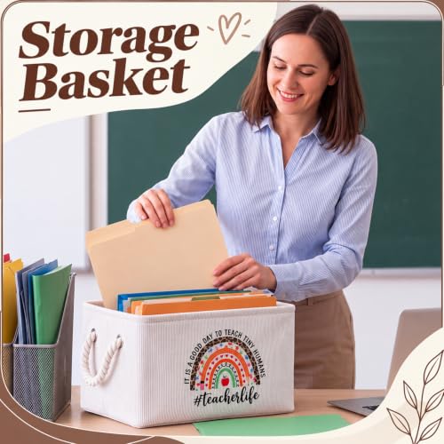 Marsui 1 Pcs Teacher Gift Basket Foldable Linen Storage Basket with Handles - color: White, size: Teacher