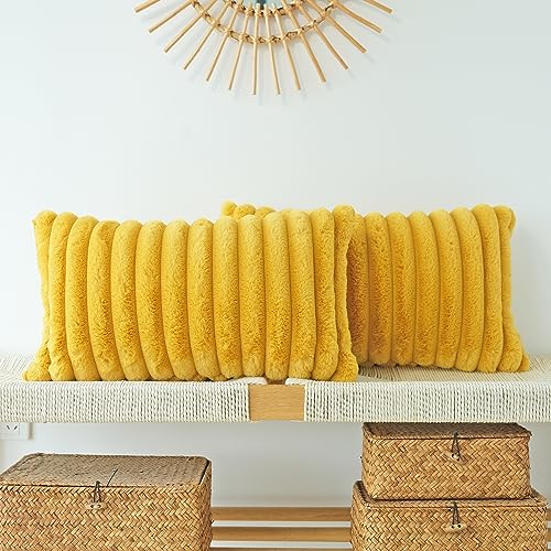 JOJUSIS Faux Fur Plush Throw Pillow Covers, Mustard Yellow, 12 x 20-Inch - color: Mustard Yellow, size: 20" x 12" (Pack of 2)