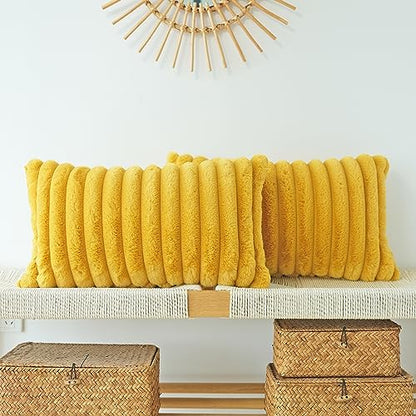JOJUSIS Faux Fur Plush Throw Pillow Covers, Mustard Yellow, 12 x 20-Inch - color: Mustard Yellow, size: 20" x 12" (Pack of 2)