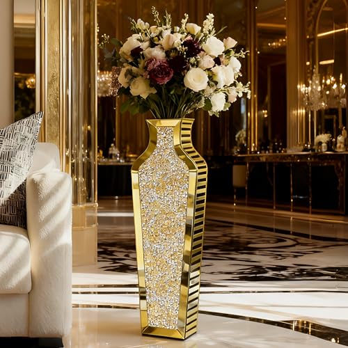 SHYFOY Gold Crushed Diamond Floor Vase, Large Mirrored Tall Vases for Floor, Modern Glass Decorative Vases for Living Room Bedroom Home Corner Indoor Office, 26.8" Tall - color: Gold, size: 26.8"H x 7.8"L x 4.7"W