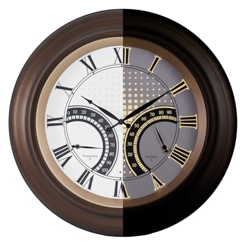 ANDY STAR 24 Inch Outdoor Clocks Waterproof,Large Outdoor Wall Clocks for Patio with Thermometer Combo, Silent Weatherproof Illuminated Metal Clock Battery Operated with Thermometer&Hygrometer, Bronze - color: Bronze