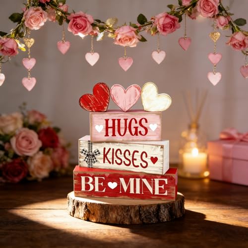 Valentines Day Decorations - Valentine Tiered Tray Decor Set - Wooden Table Decoration with Heart Signs - Rustic Farmhouse Valentine’s Day Home Decor Indoor for Shelf Mantel Coffee Table Gift - style: HUGS / KISSES