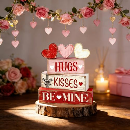 Valentines Day Decorations - Valentine Tiered Tray Decor Set - Wooden Table Decoration with Heart Signs - Rustic Farmhouse Valentine’s Day Home Decor Indoor for Shelf Mantel Coffee Table Gift - style: HUGS / KISSES